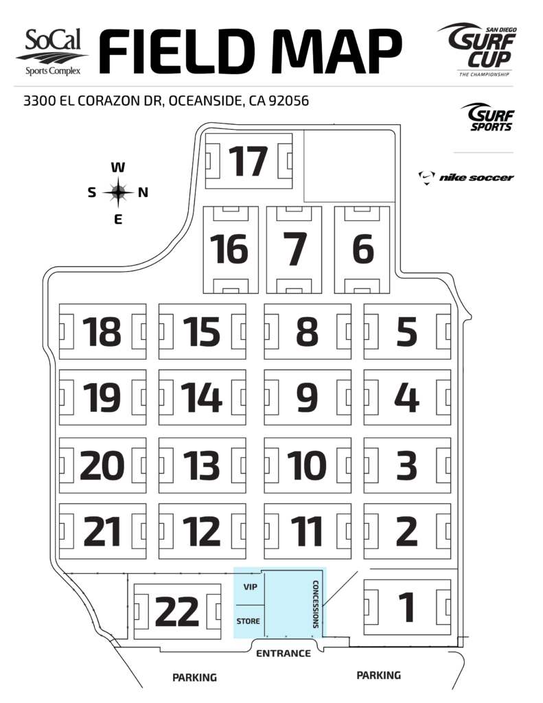 Map of a sports complex with numbered fields arranged in grid, entrance at bottom, and surrounding parking; central VIP, store, and concessions area nearby to the entrance.