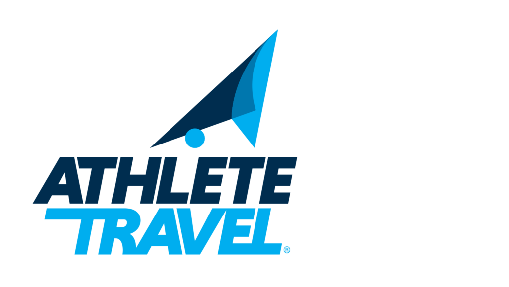 Athlete Travel logo with bold navy text and a blue sail motif on a black background.